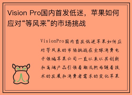 Vision Pro国内首发低迷,苹果如何应对“等风来”的市场挑战