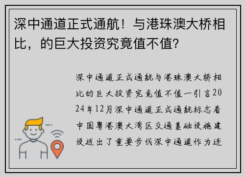 深中通道正式通航!与港珠澳大桥相比,的巨大投资究竟值不值?