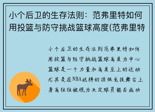 小个后卫的生存法则：范弗里特如何用投篮与防守挑战篮球高度(范弗里特 篮球)