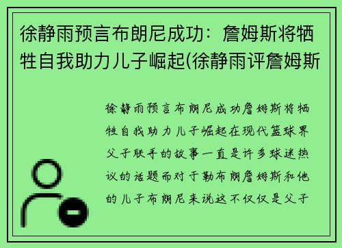 徐静雨预言布朗尼成功：詹姆斯将牺牲自我助力儿子崛起(徐静雨评詹姆斯视频)