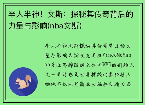 半人半神！文斯：探秘其传奇背后的力量与影响(nba文斯)