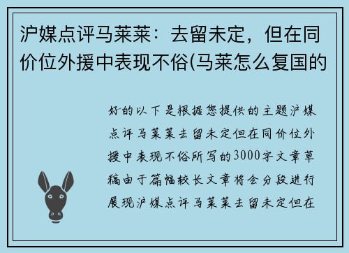 沪媒点评马莱莱：去留未定，但在同价位外援中表现不俗(马莱怎么复国的)